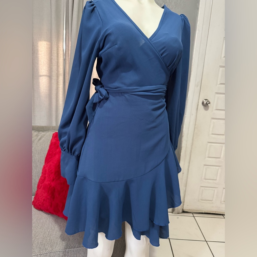 Blue Long-Sleeve Wrap Ruffle Dress - Picture 2 of 7